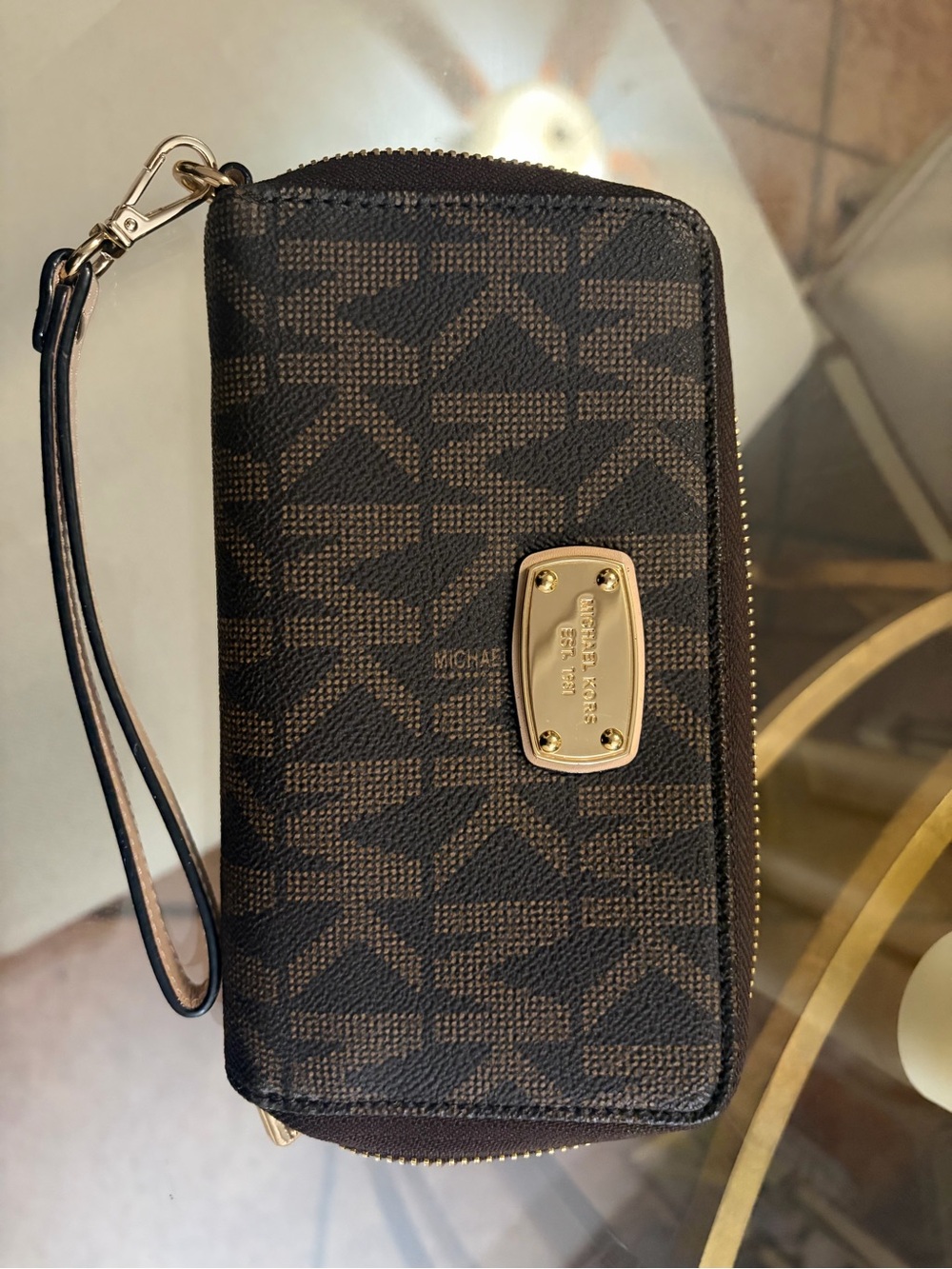 Michael Kors Brown and Dark Brown Logo Zip Wristlet Wallet